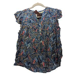 Knox Rose Blouse XS‎ Flutter Sleeve Boho Feather Top Blue Floral Ruffle Button